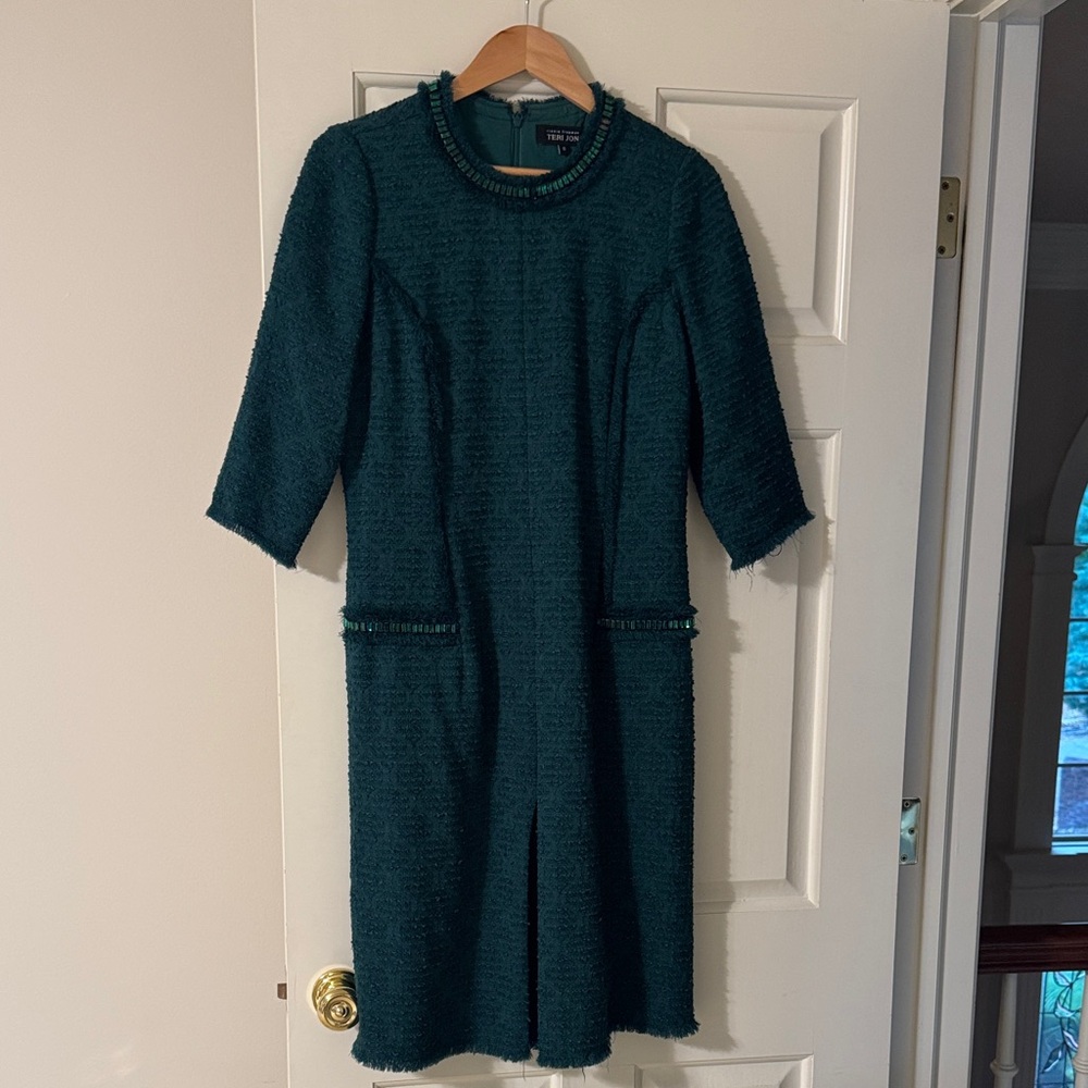 Rickie Freeman for Teri Jon Fringe-Trim Stretch Boucle Dress